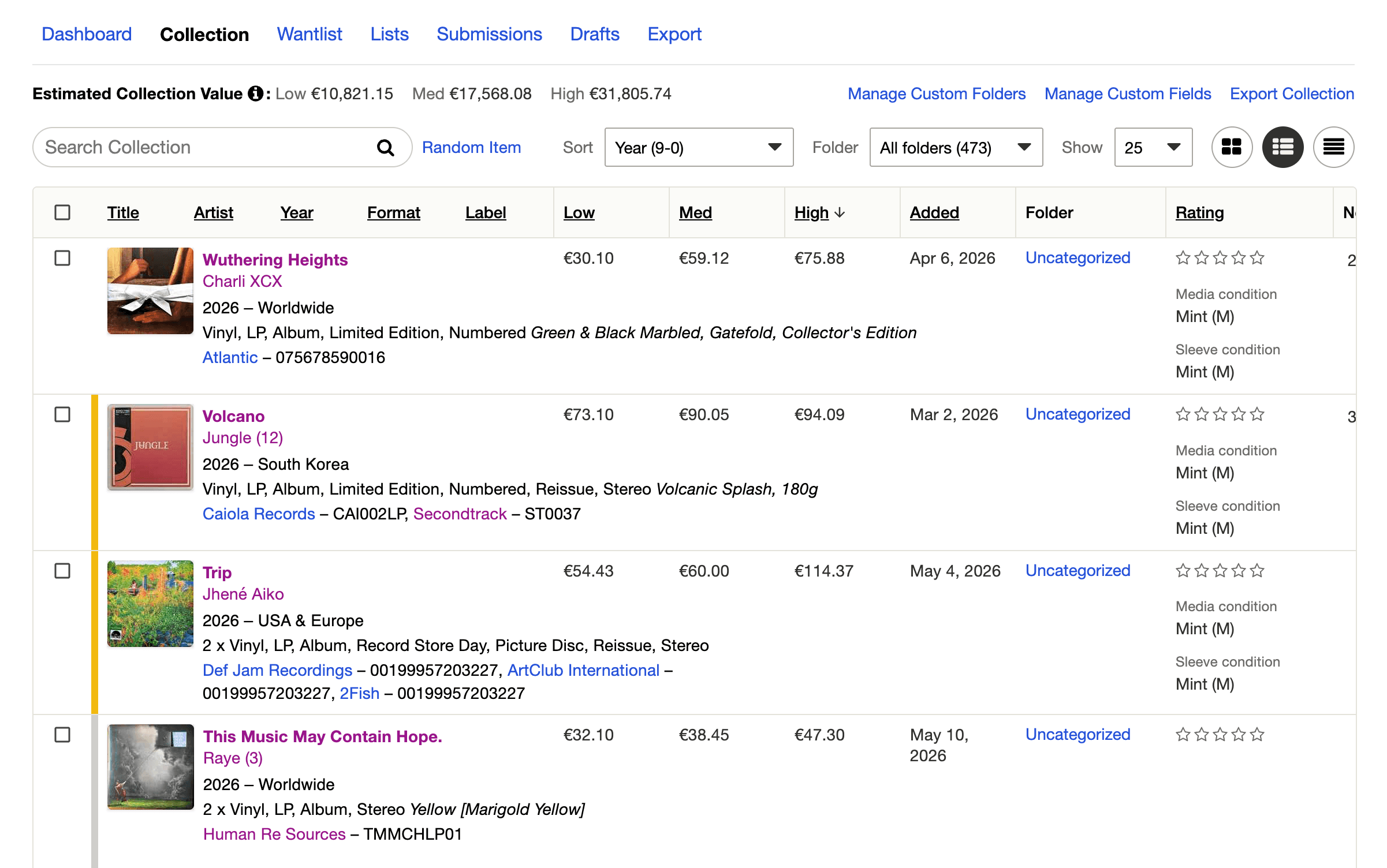 A Collection in list view. Every record you own, with format, label, condition, and the low, median, and high marketplace price for each.