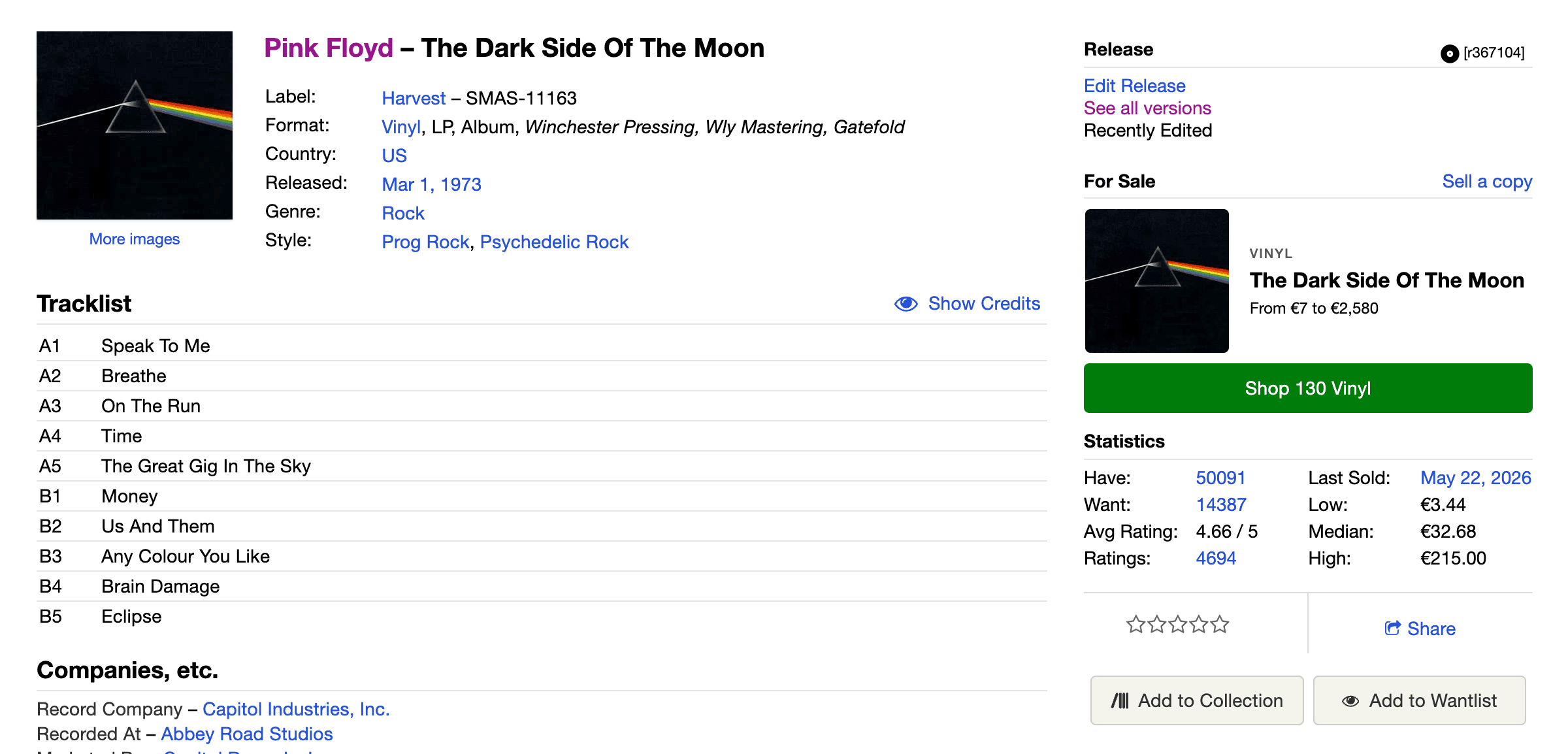 A release page. Artist and title at the top, format and label details, the tracklist, and the buttons to add the record to your Collection or Wantlist.