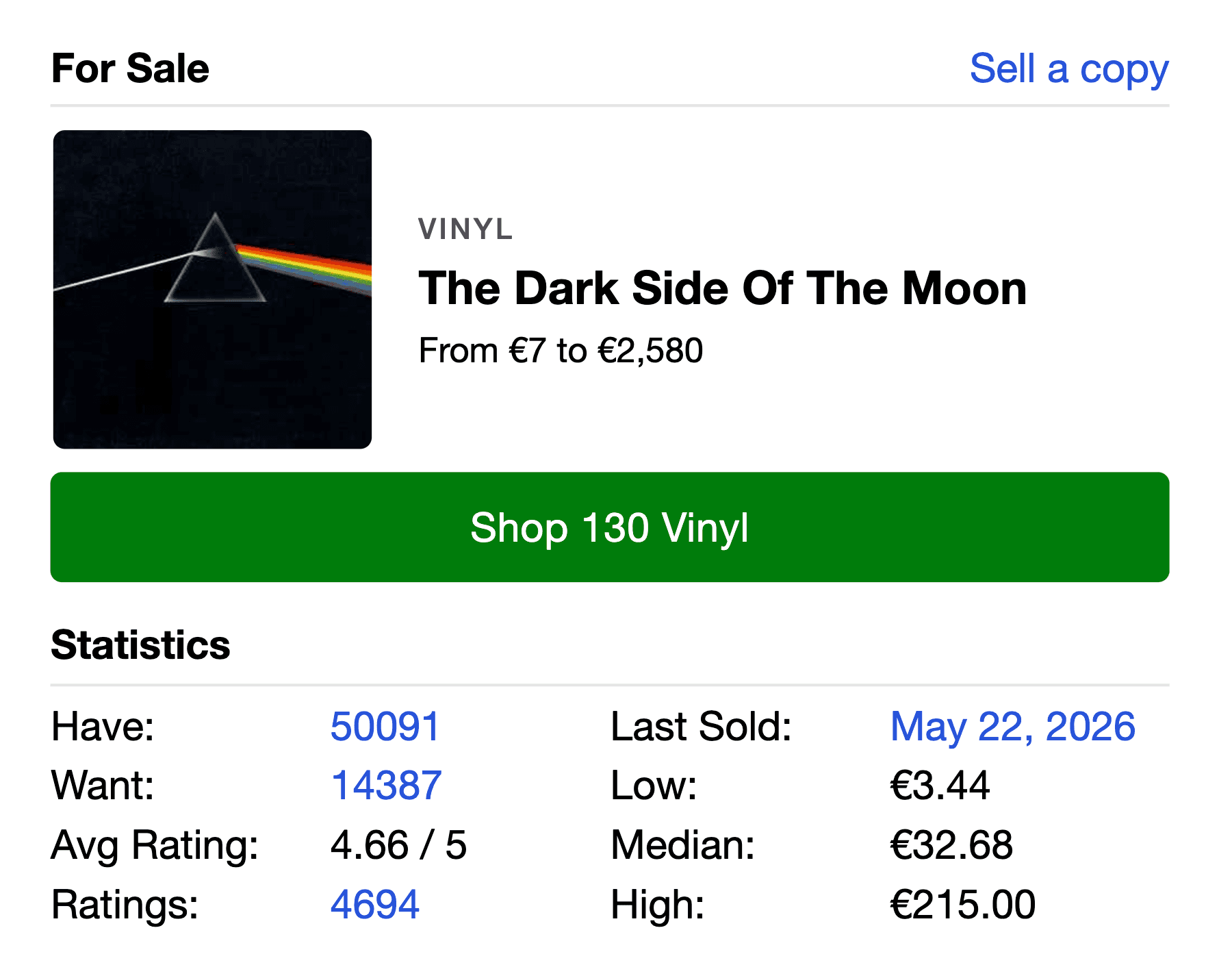 A release's sales history. The lowest, median, and highest prices recent copies have actually sold for. Far more useful than the asking prices currently listed.