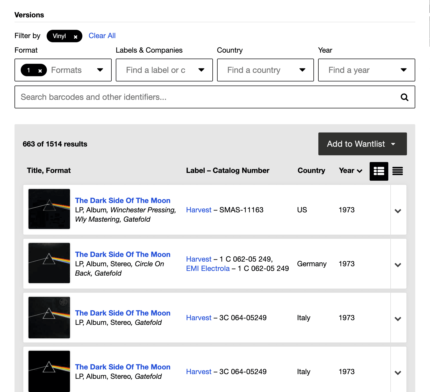 The Versions tab of a master release. Every pressing of the same album, with the country, year, and catalog number that separate one from another.