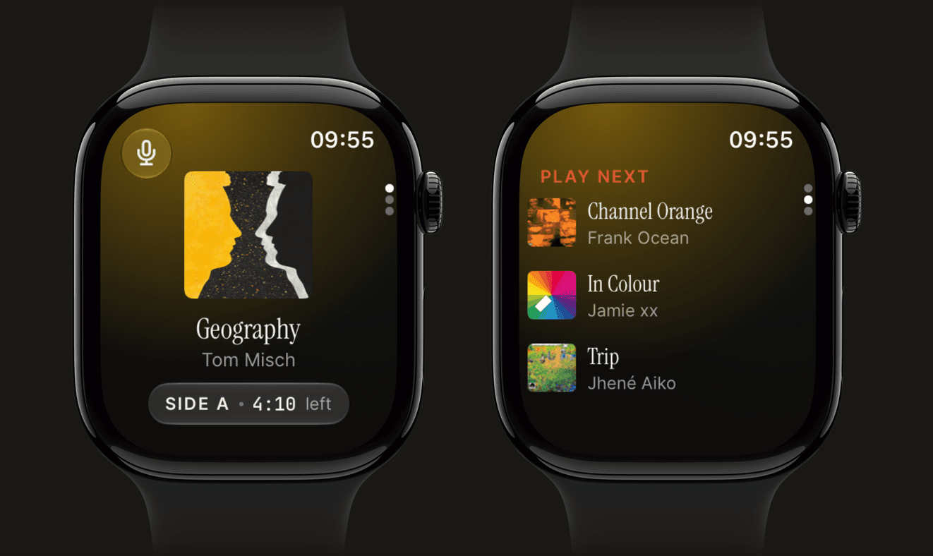 Analog on Apple Watch: the record and side playing with the time left on the side, and a page over, Play Next picks from the listener's own collection.