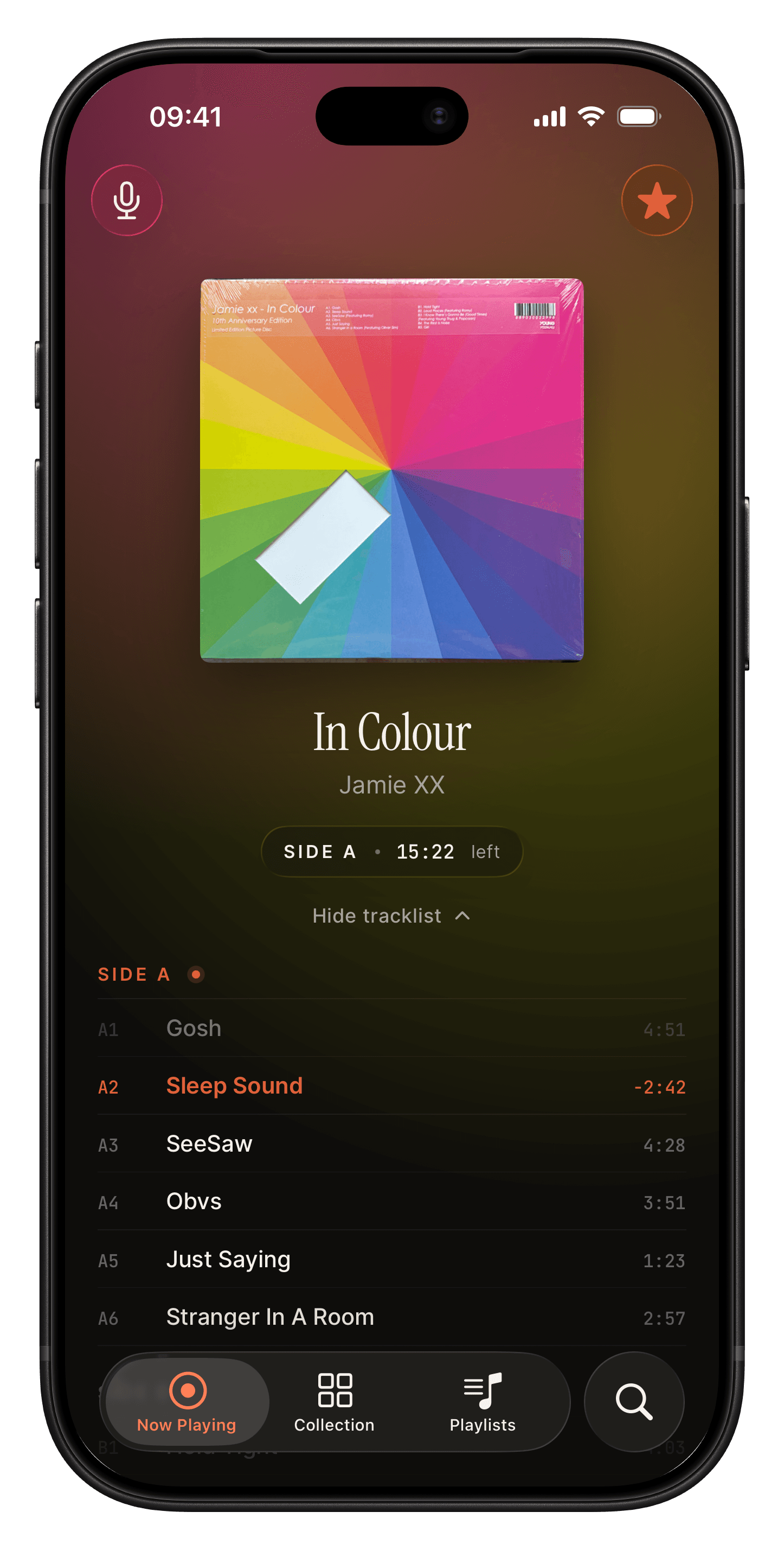 Analog's Now Playing screen on iPhone: the record on the turntable, "Side A, 15:22 left", and the side's tracklist with the current track counting down.