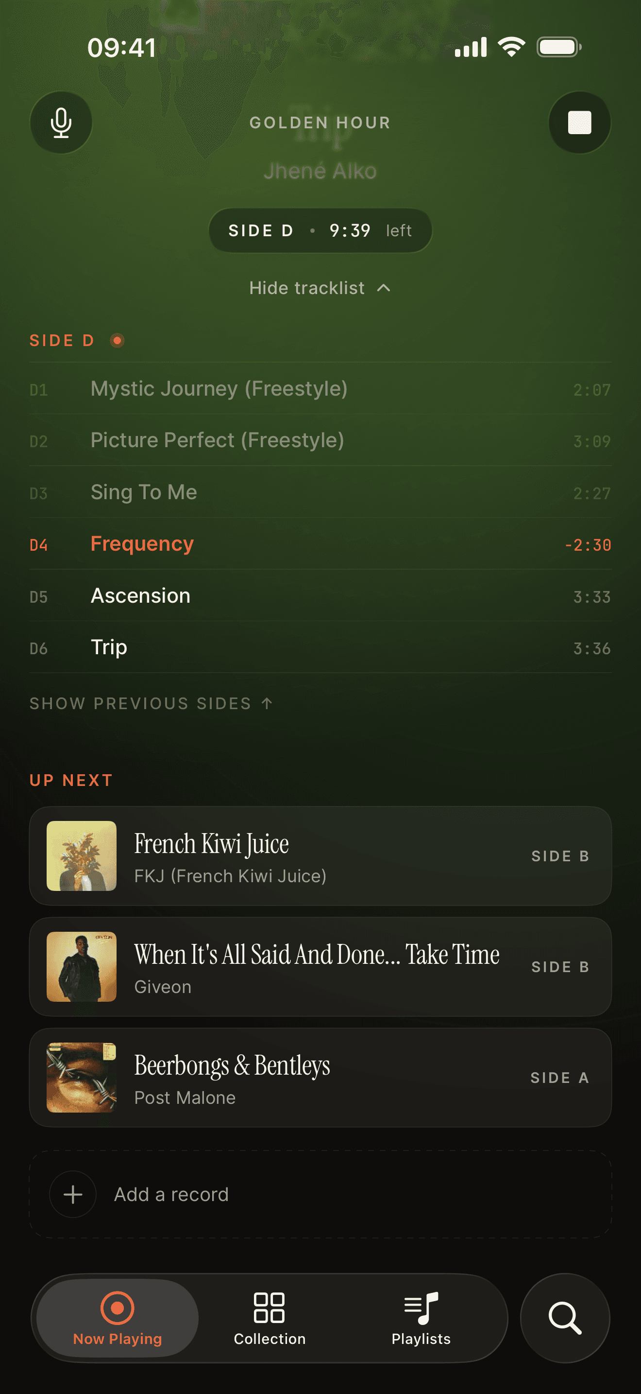 Analog's Now Playing view, with the live tracklist for the current side and an Up Next queue of records.