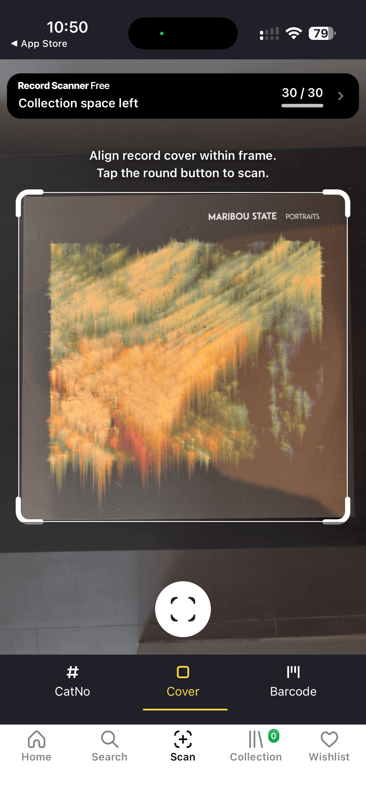A screenshot of the Record Scanner app using the iPhone camera to scan a record cover and identify the pressing.