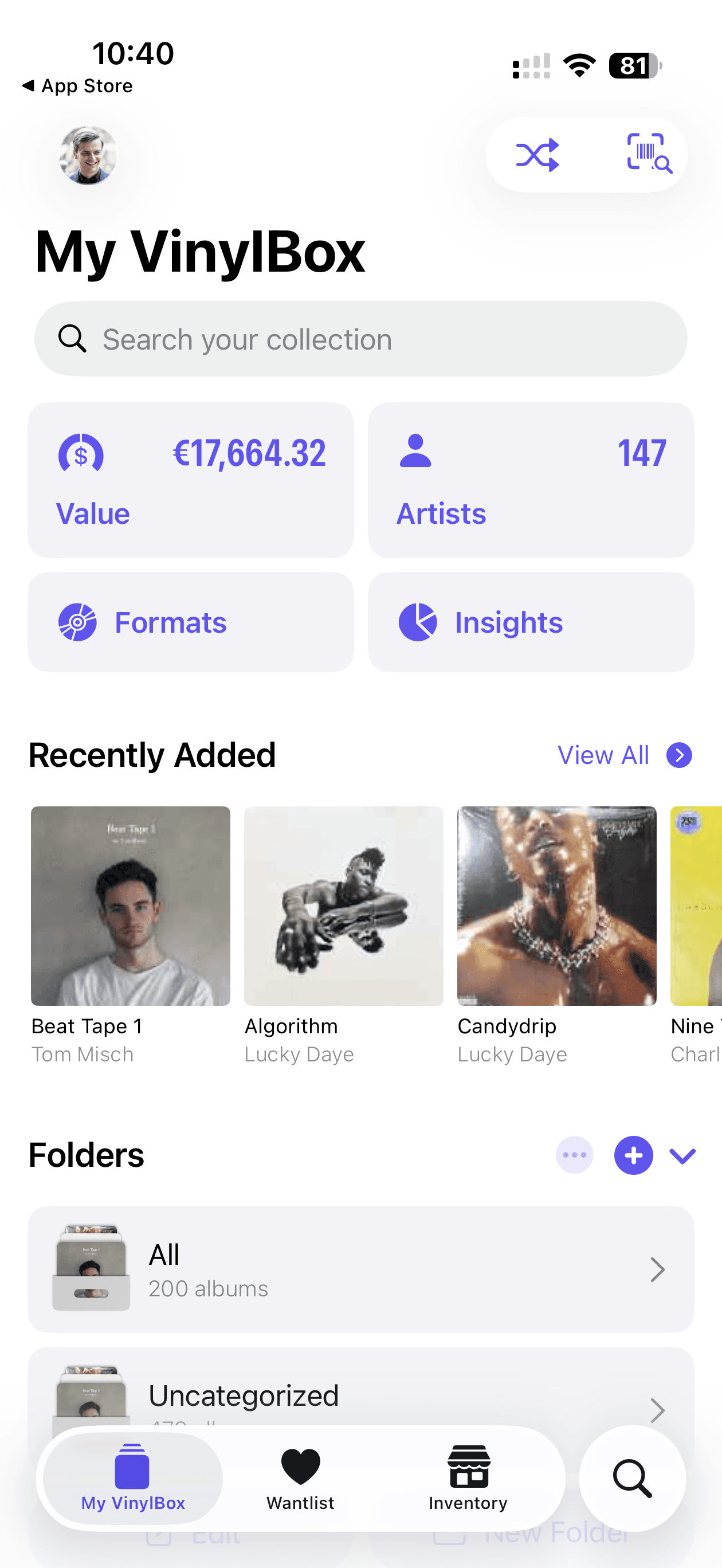 A vinyl collection viewed through the VinylBox app.