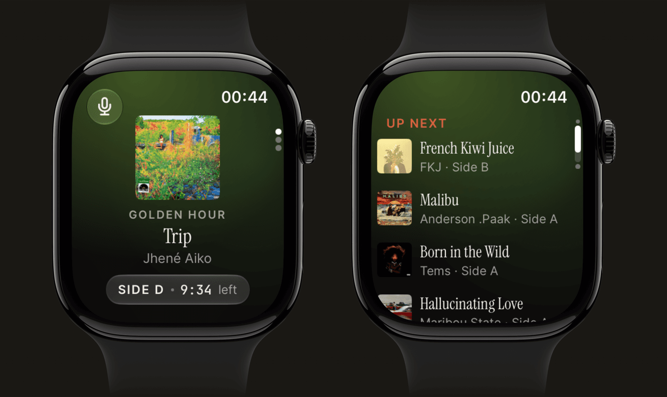Analog on Apple Watch during a session: the record and side playing with the time left, and on the next page the session's Up Next, record and side in order.