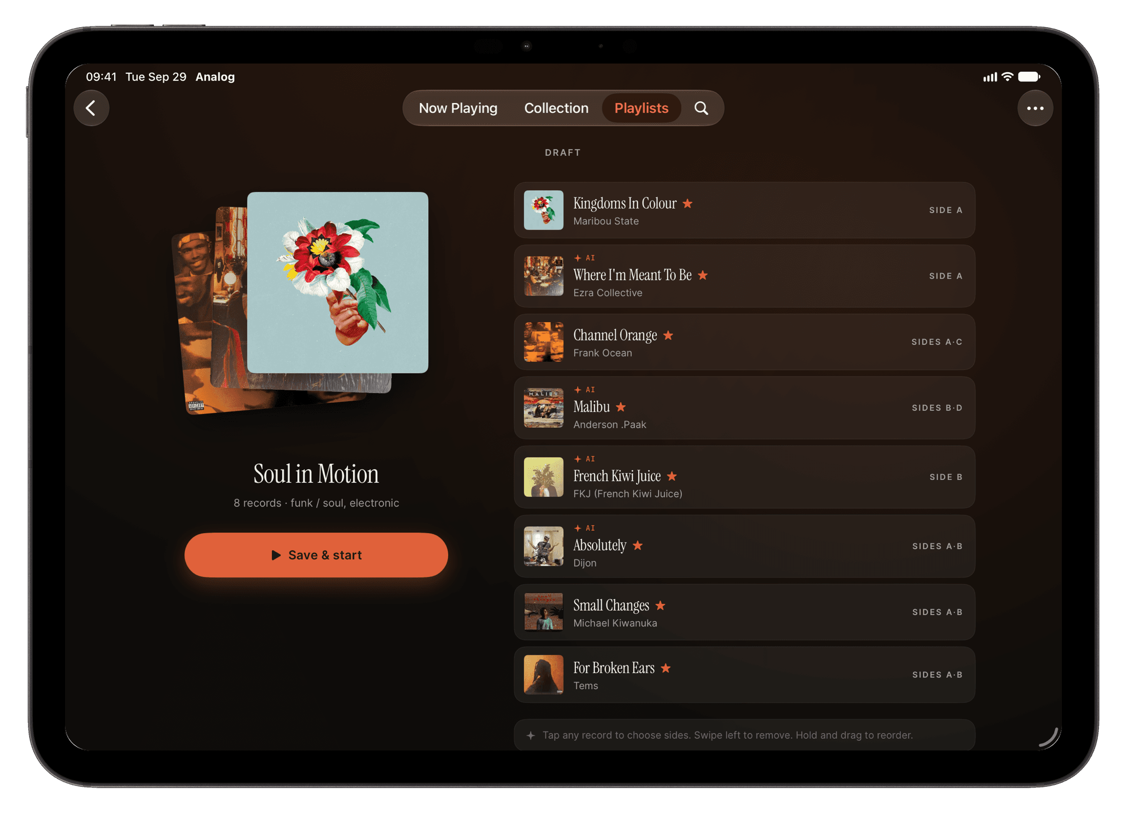 A drafted session on iPad: eight records with the sides to play, marked where the app chose them, ready to reorder before saving.