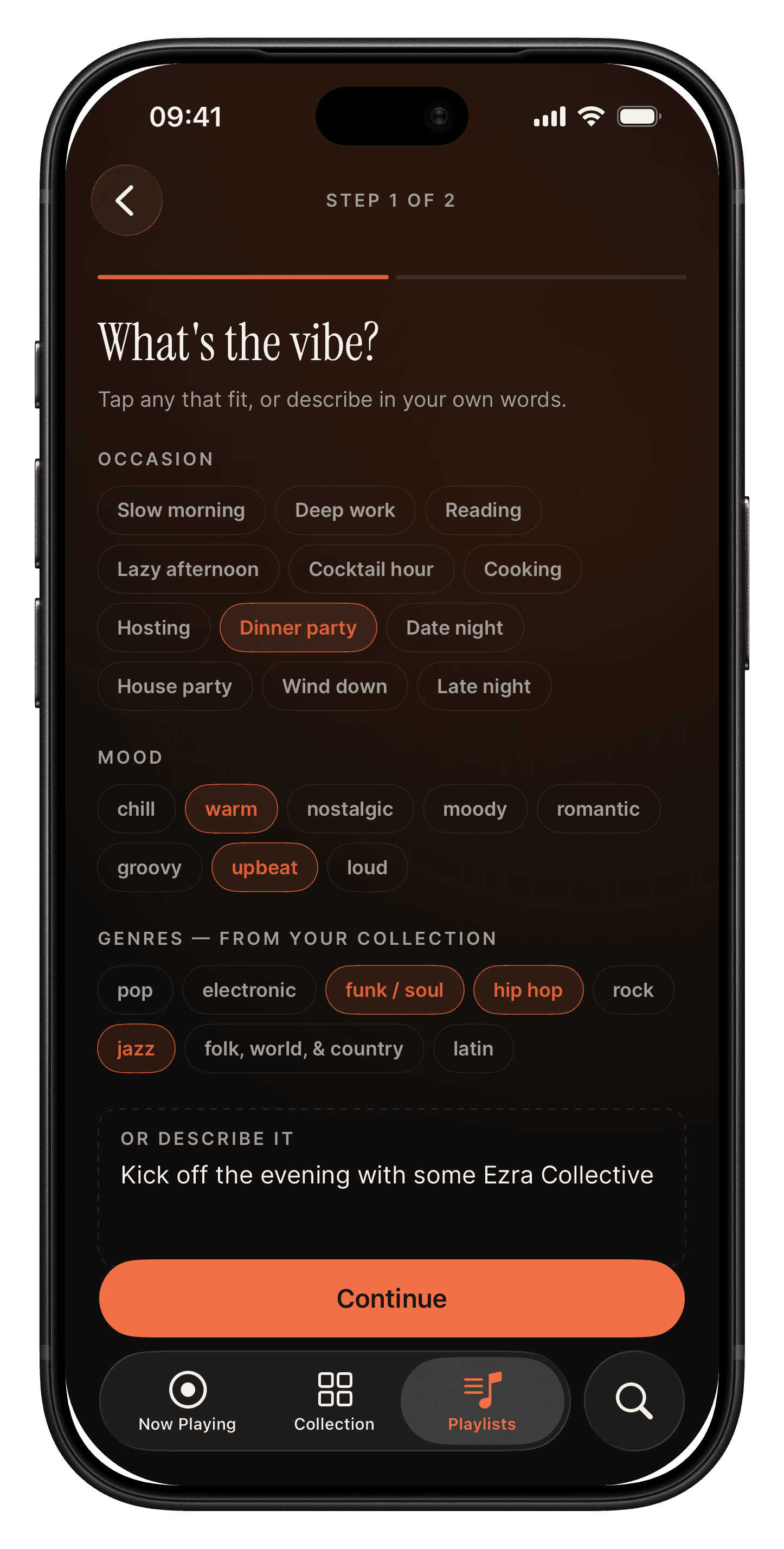 Analog Studio's first step on iPhone: the occasion, the mood and the genres found in the collection, with a line in the listener's own words.