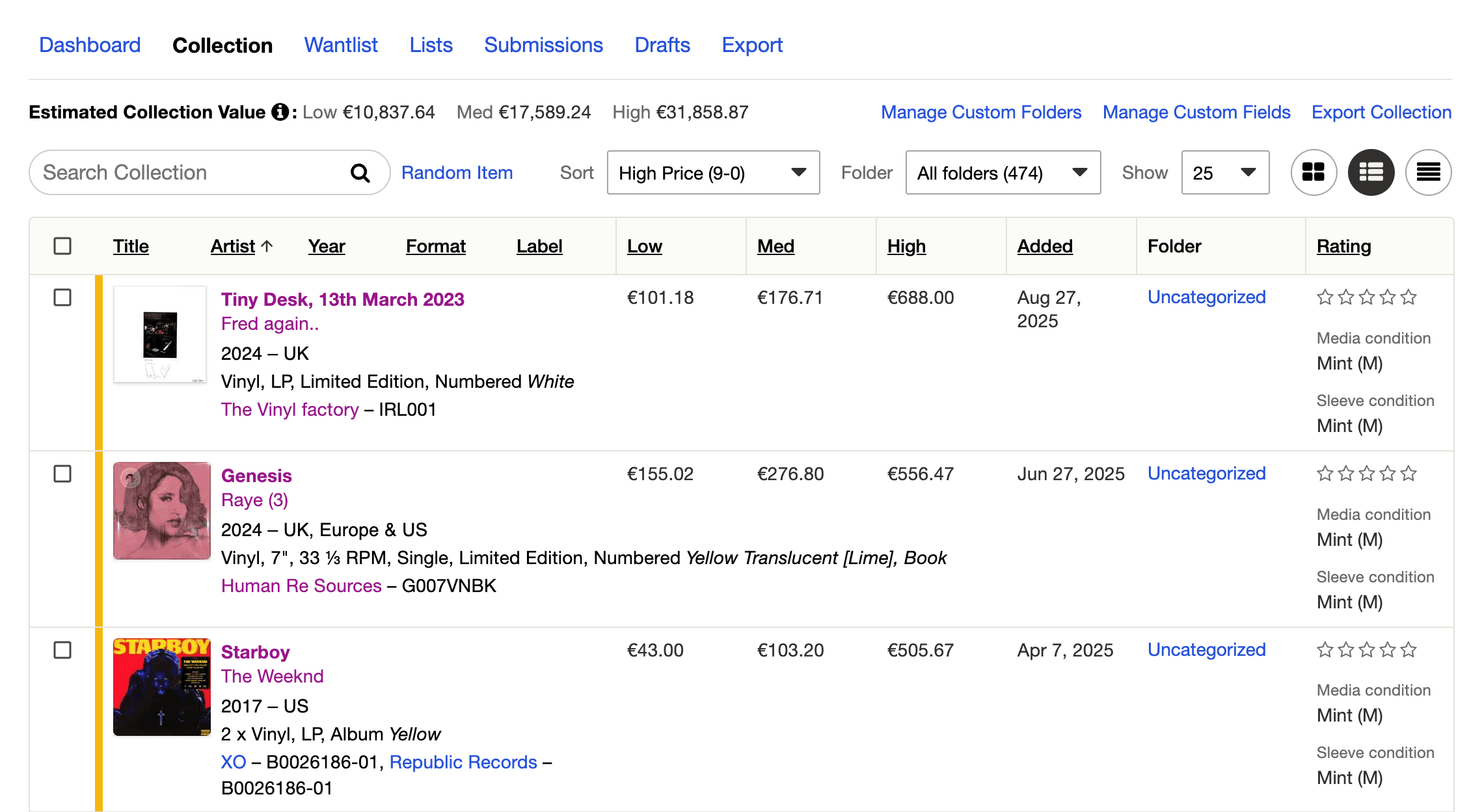 A Discogs collection's estimated value, shown as a low-to-high range built from recent marketplace sales.
