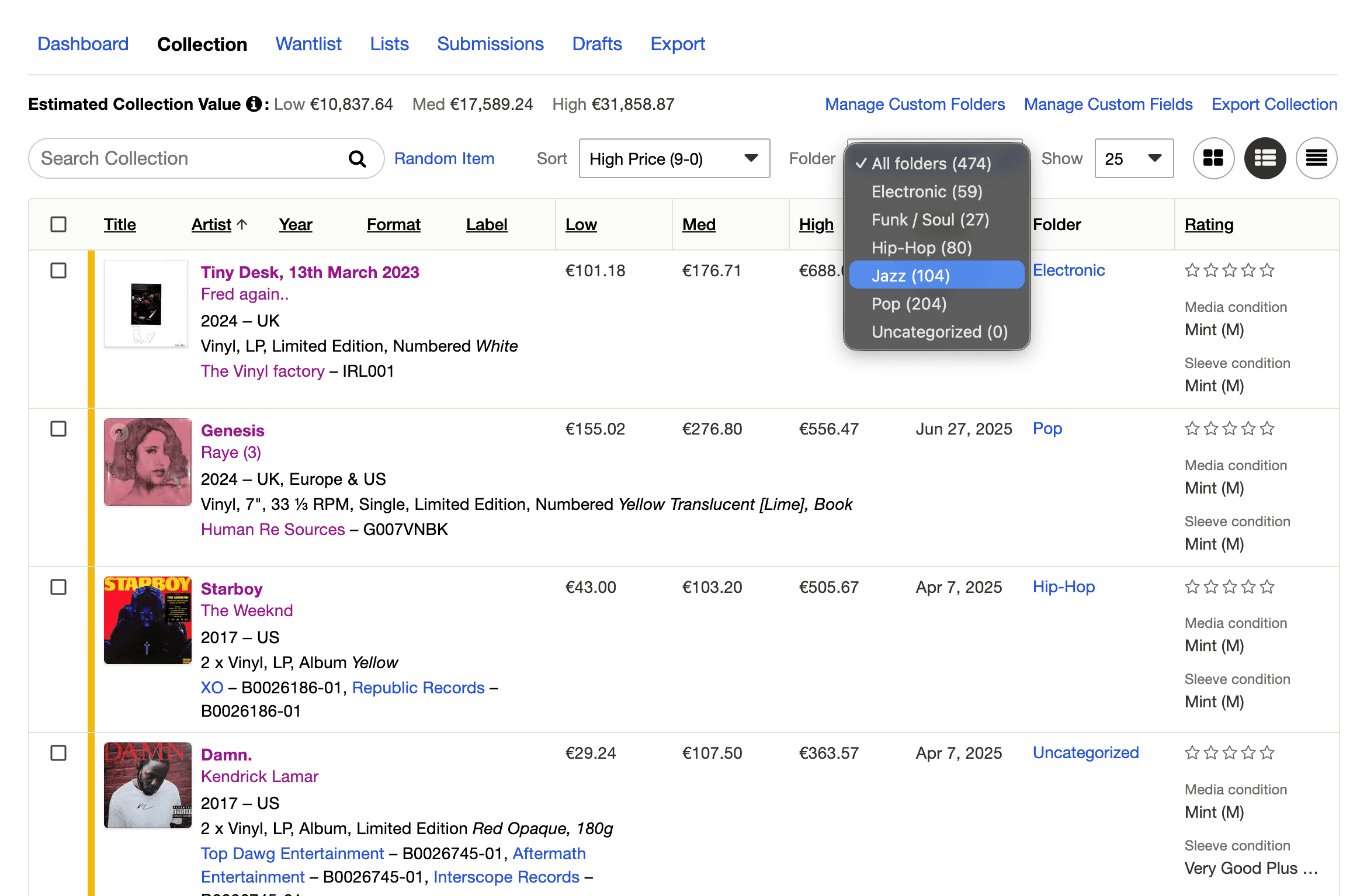 A Discogs collection split into folders by genre, one simple way to keep a growing collection easy to navigate.