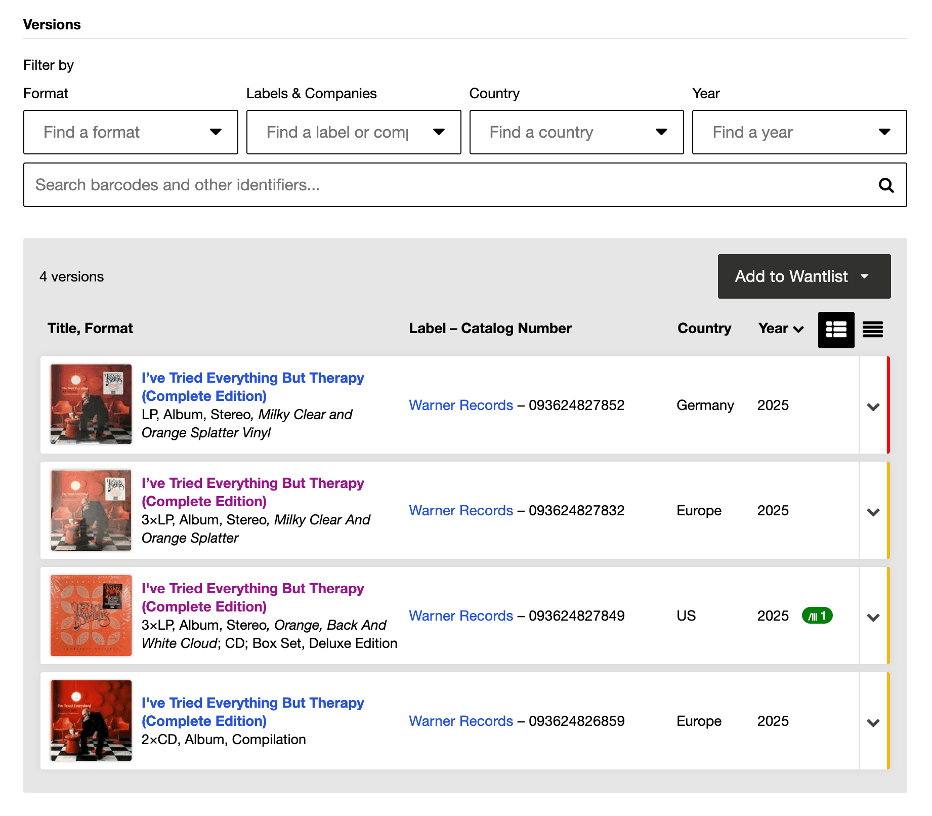 A record matched against the versions list on Discogs, comparing catalog number, country, and matrix detail until one entry agrees on every point.
